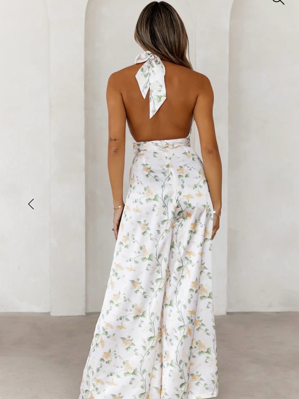 Hello Molly White Floral Halter Wide Leg Jumpsuit Yellow Green Small US 4 - Picture 3 of 10